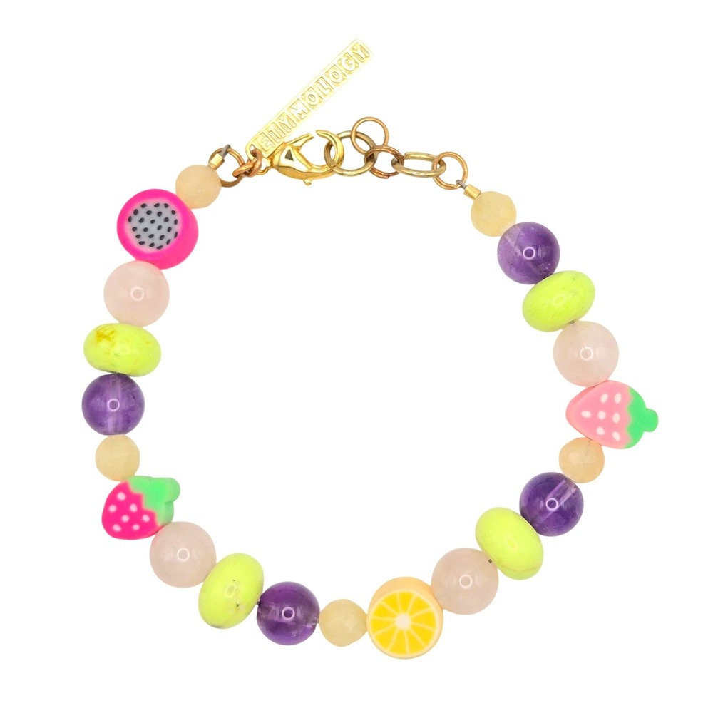 Etymology Fruit Charm Bracelet Amethyst Rose Quartz Jadeite Gold Tone Clasp